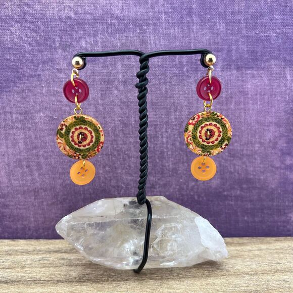 Upcycled Wooden Button Earring-Handmade-Hypoallergenic-Reclaimed Jewelry, Boho - Picture 1 of 7